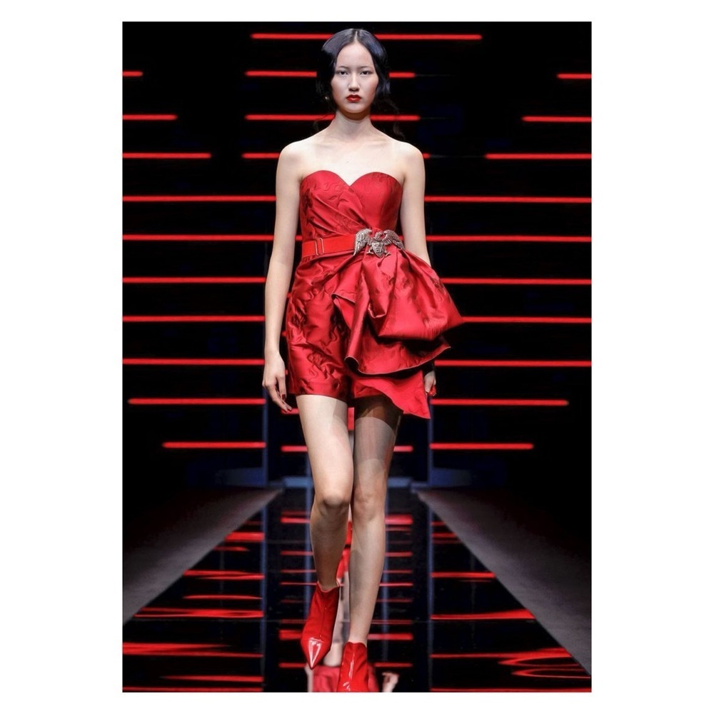Emporio Armani Red Mini Dress Brocade Jacquard 4 Strapless Runway Cocktail 🟡
